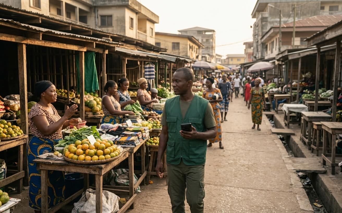Agent communal arrivant dans un marché local