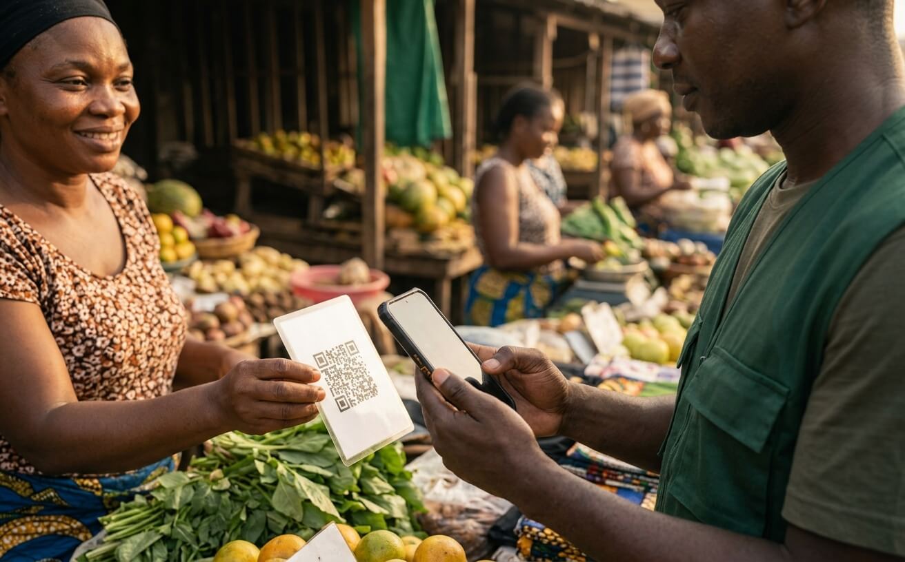 Agent scannant le QR code d’une commerçante