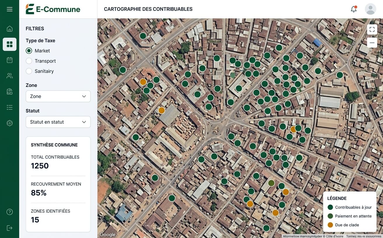 Carte E-Commune avec contribuables répartis par zone