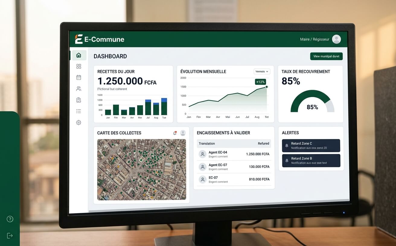 Tableau de bord municipal E-Commune avec indicateurs de recettes